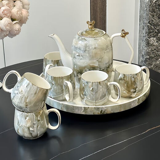 Water cup set for home living room light luxury simple water-resistant water ware for entertaining guests ins tea cup teapot tea set set stone pattern 8-piece set bear head style gift box