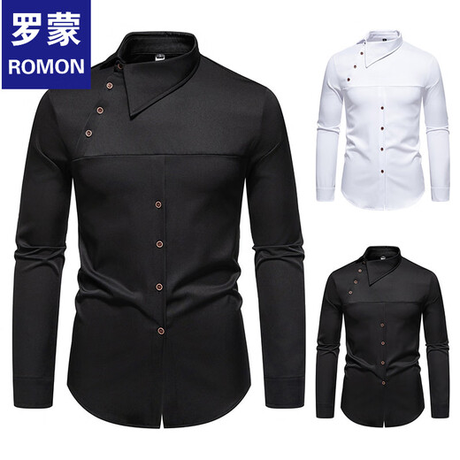 ROMON 2025 new men's European size personalized inclined button Henry collar long-sleeved shirt men's casual shirt white M