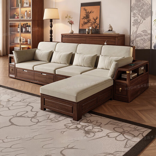 Harmony Home Sofa Medieval style black walnut solid wood sofa living room 2025 new storage furniture fabric sofa combination straight four-seater 2+2 with armrest pillow assembly