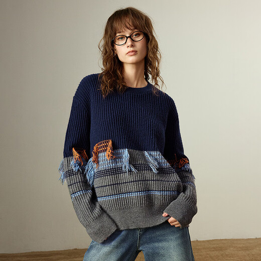 Chuyu Sweater Women's 2025 Winter New Loose Retro Nomadic Style Tassel Contrast Color High Weight Arctic Velvet Top Navy Blue L