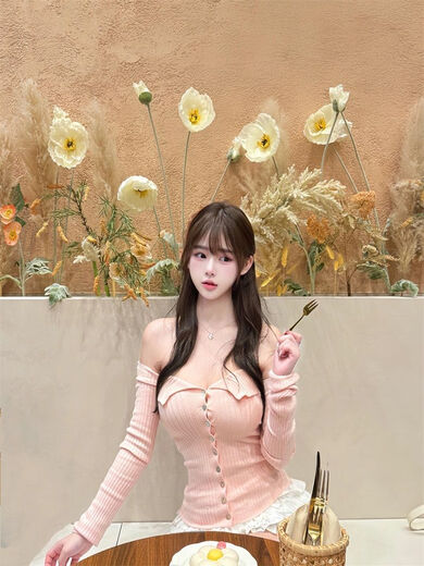 Korean gentle one-shoulder pink knitwear for women in fall and winter, slim-fitting pure lust style short tube top off-shoulder top for women in autumn and winter S