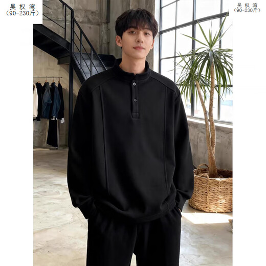 Wu Quanwan American style heavyweight velvet Henry collar inner layering shirt men's cleanfit simple right shoulder slim long-sleeved sweatshirt Black plus velvet models are in stock now Black plus velvet 5XL