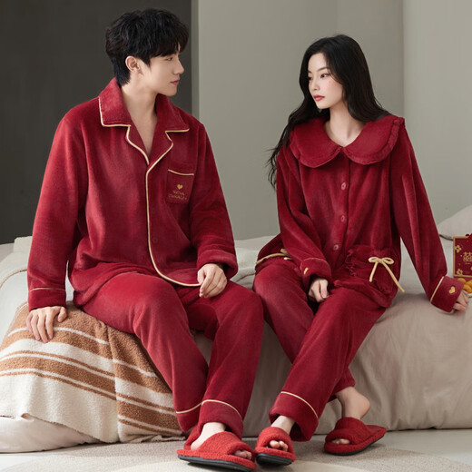 Modal Flannel Red Pajamas Wedding Newlywed Couple Suit Autumn and Winter Women's Thickened Coral Fleece Men's Home Clothing Animal Year 111 Couple Thickened Flannel-Antistatic L Male 110-140Jin Jin is equal to 0.5 kg
