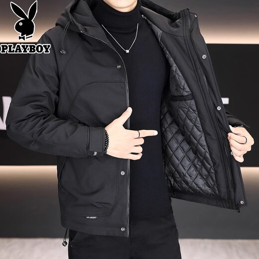 Playboy (PLAYBOY) high-end hooded jacket men's trendy, handsome and versatile cotton-padded jacket work jacket men's simple cotton jacket 7932 green cotton thickened XL (recommended 120-140Jin Jin equals 0.5 kg)