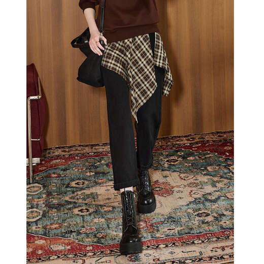 库恩玛维（KUHNMARVIN）咖色格纹一片式系带半身裙女2025年冬季新款叠穿不规则裙K20751 咖色格纹 均码