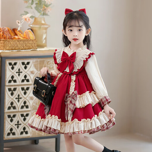 Lolita girls princess dress winter children autumn and winter skirt little girl winter dress plus velvet 2025 new style 2355 red plus velvet 150