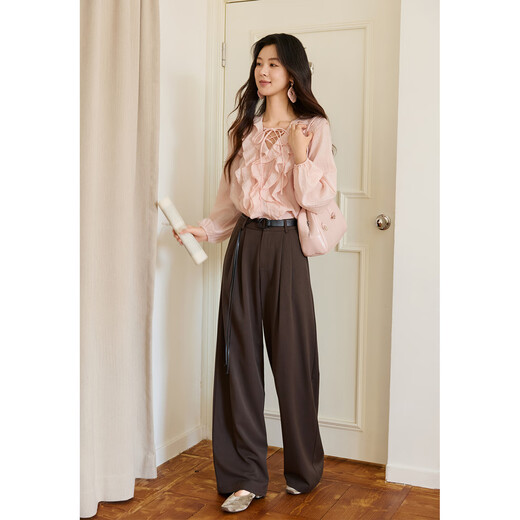 Mystery Show pink fungus ruffled shirt 2025 autumn new V-neck tie design lantern sleeve sweet top pink top M