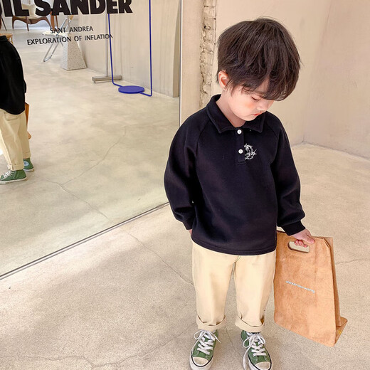 Boys long-sleeved polo shirt spring and autumn children's cartoon embroidery handsome casual lapel top Korean style loose sweatshirt white 110