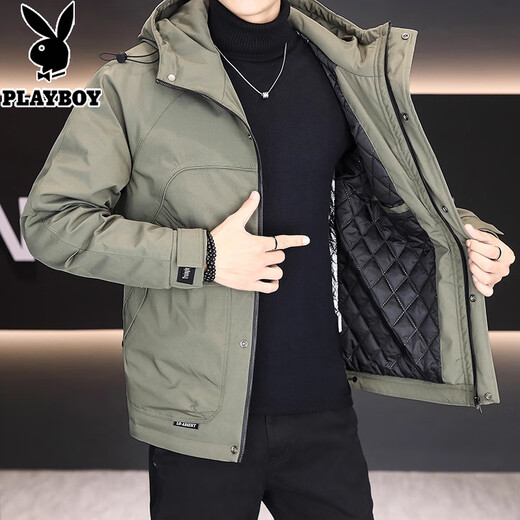 Playboy (PLAYBOY) high-end hooded jacket men's trendy, handsome and versatile cotton-padded jacket work jacket men's simple cotton jacket 7932 green cotton thickened XL (recommended 120-140Jin Jin equals 0.5 kg)