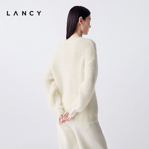 LANCY mohair silk winter new style relaxed cable knit sweater women's round neck off-shoulder sweater off-white XL
