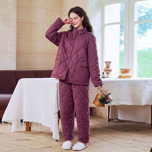 American Standard Three-layer Thickened Cotton Couple Pajamas Set Women's Autumn and Winter Full Cotton Can Be Weared Outside to Keep Warm New Year's Home Clothing for Men Dark Gray (Three-Layer Thickened Cotton) XL