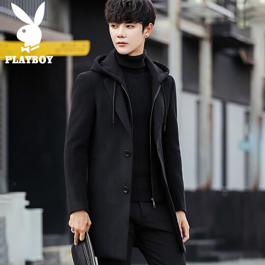 Playboy (PLAYBOY) windbreaker jacket men's winter mid-length new casual Korean style plus velvet warm coat men's versatile hooded woolen coat black black hat L