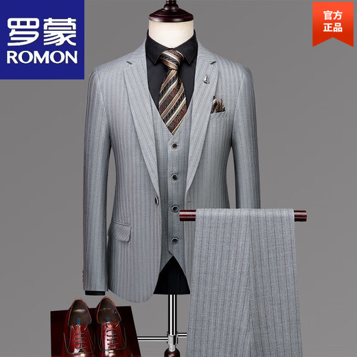 ROMON suit men's high-end suit business casual professional fit-fitting trendy no-iron anti-wrinkle three-piece dress light gray-15 2XL