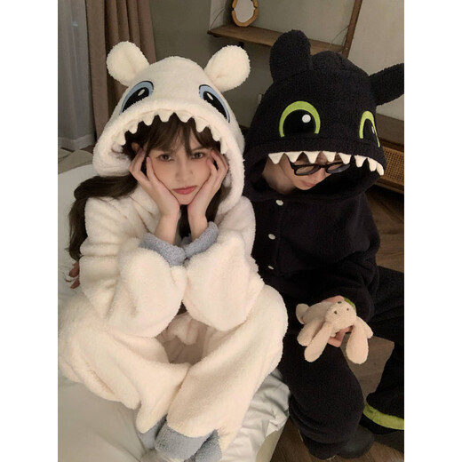 Couple pajamas winter plus velvet cartoon couple pajamas coral velvet winter one man and one woman thickened plus velvet hooded winter Toothless black and gray hooded top + pants single set 2XL male 155-180Jin Jin is equal to 0.5 kg