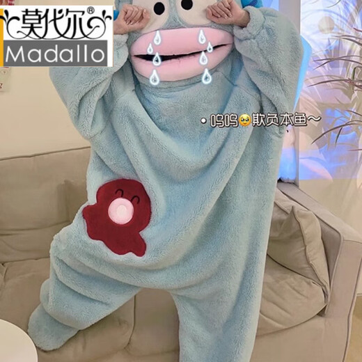 Modal Ugly Fish Big Mouth Fish One-piece Coral Velvet Pajamas for Women Autumn and Winter Funny Thickened Warm Large Size Plush Home Clothes Little White Fish Shoes L Size Recommended Height 163-170cm