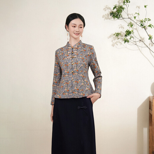 Cloth charm blue clip/glazed gourd silk cotton gourd flower button top 2025 winter new arrival printed warm blue clip XL