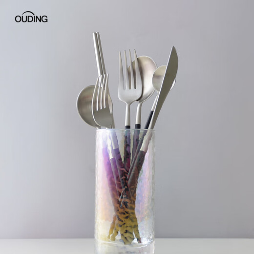 Qiao Bo Lai OUDING versatile black and silver knife and fork, stainless steel Western food knife, fork, chopsticks, fruit fork, dessert fork, drink spoon, 9-piece set