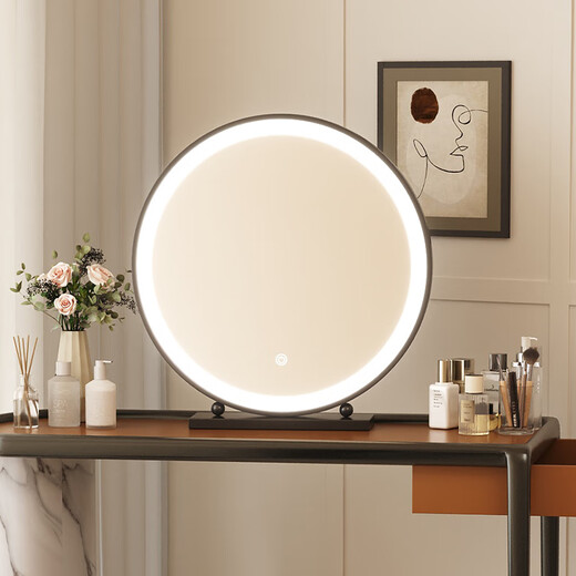 LED lighted makeup mirror desktop desktop makeup mirror dormitory bedroom supplementary light rechargeable round makeup table large mirror 60CM black fixed charging model