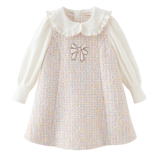 DAVE&BELLA medium and large children's dress spring new girls pink plaid small fragrant skirt long-sleeved fake two-piece