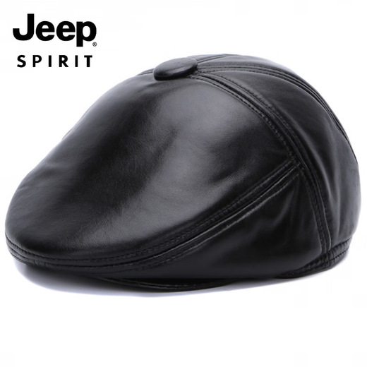 JEEP SPIRIT light luxury genuine leather hat men's middle-aged and elderly hat sheepskin beret casual peaked cap winter outdoor warm front black M extra large (61-62c)