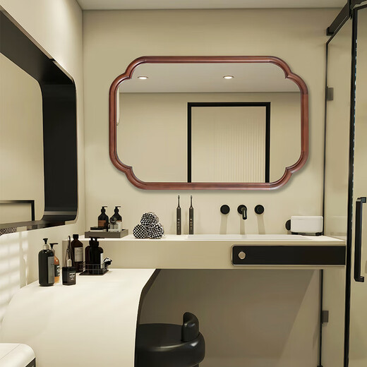 New Chinese-style dressing room wall-mounted mirror desktop dressing table wooden frame makeup mirror medieval entrance hall decorative mirror custom-made induction LED model 50x70cm