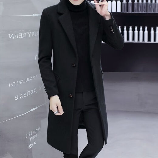 Want to fight Hangzhou Italian-French windbreaker men's mid-length woolen coat Korean version slim fashion woolen coat winter youth Garni coat pocket black L Weight 105Jin Jin equals 0.5kg -120