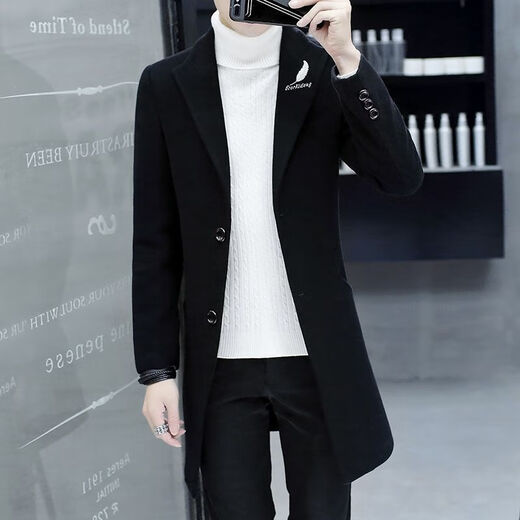 Want to fight Hangzhou Italian-French windbreaker men's mid-length woolen coat Korean version slim fashion woolen coat winter youth Garni coat pocket black L Weight 105Jin Jin equals 0.5kg -120