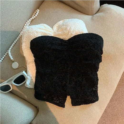 Summer retro lace slit tube top women's sweet elastic breast-wrapped top with breast pads and beautiful back bottoming shirt black S