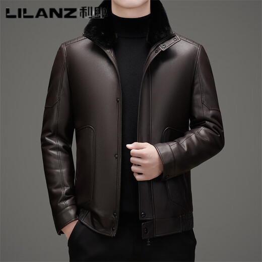 LILANZ利郎冬装男士皮衣外套休闲水貂毛可拆卸保暖皮羽绒服爸爸装男 黑色 M 170