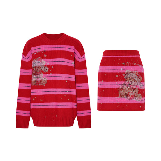 TCH sweater suit for women 25 years autumn and winter style striped hot diamond design versatile slimming temperament gold style two-piece set red L 120-140Jin Jin is equal to 0.5 kg