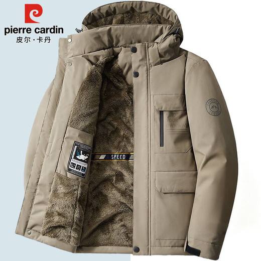 Pierre Cardin cotton coat men's winter velvet thickened warm and cold-proof cotton jacket men's loose workwear cotton coat men's khaki XL