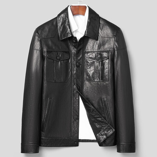 Fat Donglai Supermarket purchasing men's spring and autumn new Haining goatskin oil wax leather jacket casual short jacket same style black L