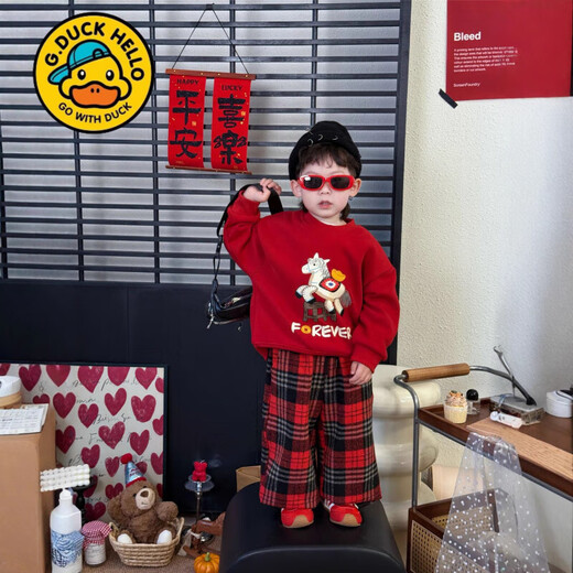 G.duck new New Year's greetings clothing parent-child sweatshirt family of three plus velvet New Year's red sweatshirt jacket mother and daughter children's clothing top red plus velvet 170 M