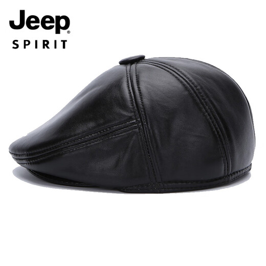 JEEP SPIRIT light luxury genuine leather hat men's middle-aged and elderly hat sheepskin beret casual peaked cap winter outdoor warm front black M extra large (61-62c)