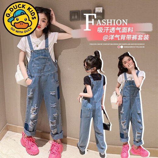 迪士尼（Disney）女童背带裤套装洋气春夏装中大童牛仔背带裤女孩子夏装短袖两件套 黑色T恤+背带裤套装 150
