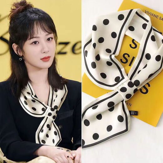 New polka dot small long silk scarf for women, versatile spring and autumn thin style neck clavicle neck scarf, ear scarf - white polka dots