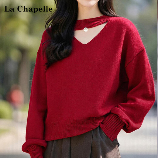 La Chapelle zodiac year red v-neck sweater for women in autumn and winter, long-sleeved bottoming shirt, halter neck knitted top, black, one size