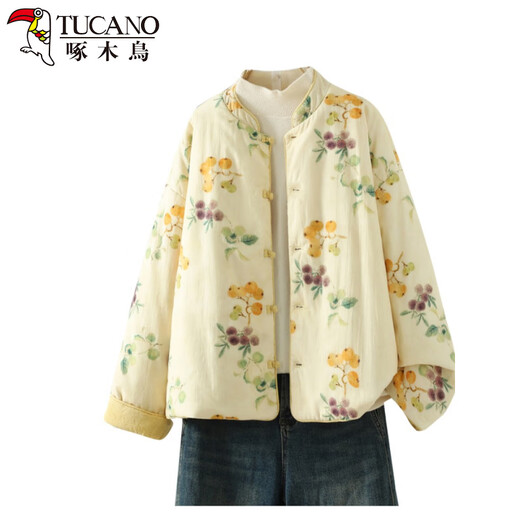 Woodpecker double-sided Chinese-style printed quilted jacket for women in winter, Western-style improved Tang suit, stand-up collar, lining, cotton padded jacket, yellow L 90-120Jin Jin equals 0.5 kg
