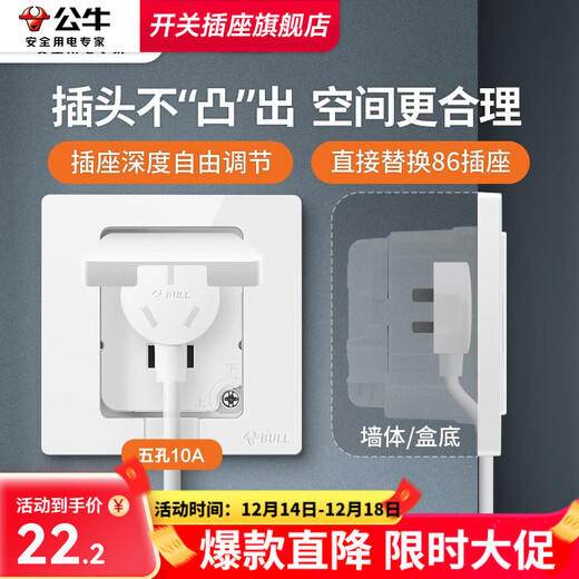 公牛（BULL）嵌入式插座面板暗冰箱专用内嵌式隐藏式插座10a五孔16a三孔隐形 白-五孔10A【适合冰箱/洗衣机/微波炉/床头柜】