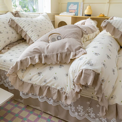 Fantasy French lace knitted double-layer gauze quilt cover three-piece single and double quilt cover princess style floral single and double quilt cover min gray single quilt cover 200x230cm