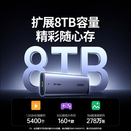 绿联 M.2 NVMe/SATA双协议移动硬盘盒20Gbps Type-C/USB3.2双线外接SSD固态外置硬盘盒