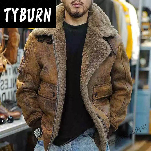 TYBURN Mountain Ano Retro Jacket Men's Thickened Warm Motorcycle Style Lapel Loose Retro Leather Jacket Ginger Quality Spot M (95-115) Jin Jin equals 0.5 kg