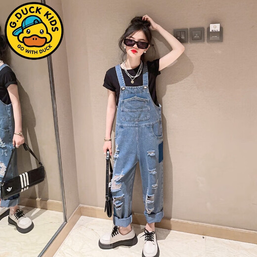 迪士尼（Disney）女童背带裤套装洋气春夏装中大童牛仔背带裤女孩子夏装短袖两件套 黑色T恤+背带裤套装 150