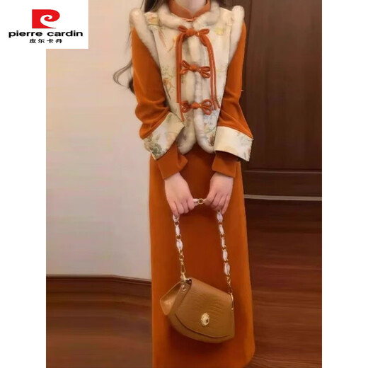 Pierre Cardin 2025 New Year's shirt New Chinese style Chinese style cheongsam quilted vest dress two-piece set women's New Year's greetings winter style vest + cheongsam suit M