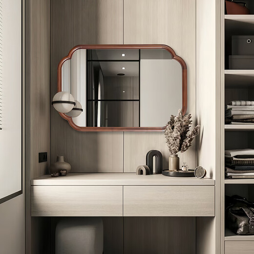 New Chinese-style dressing room wall-mounted mirror desktop dressing table wooden frame makeup mirror medieval entrance hall decorative mirror custom-made induction LED model 50x70cm
