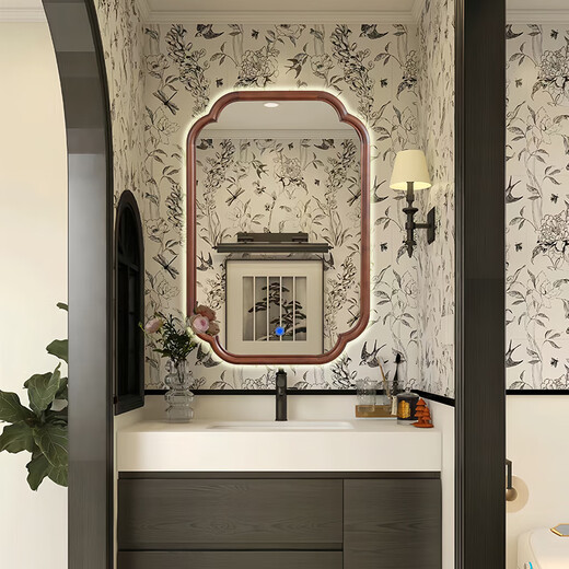 New Chinese-style dressing room wall-mounted mirror desktop dressing table wooden frame makeup mirror medieval entrance hall decorative mirror custom-made induction LED model 50x70cm