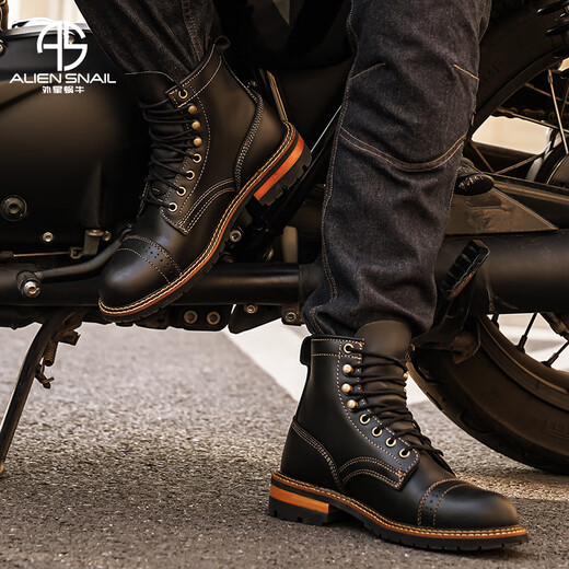 Alien Snail Retro Work Boots Men's British Style Casual Cycling Shoes Genuine Leather Motorcycle Boots High Top Martin Boots Men's Shoes Black 39