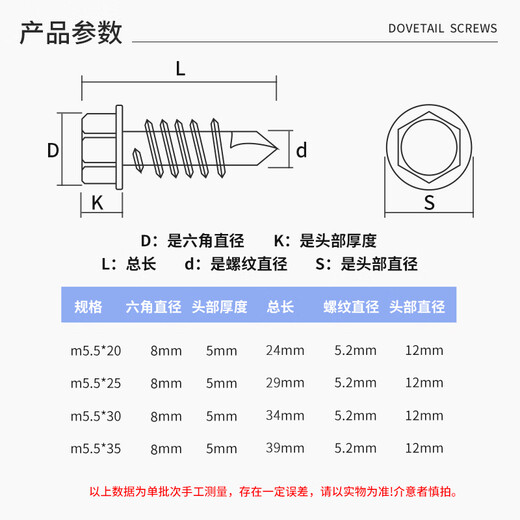 Platinum color zinc external hexagonal self-tapping screws nails gasket screws dovetail screws m5.5*35/200 pieces