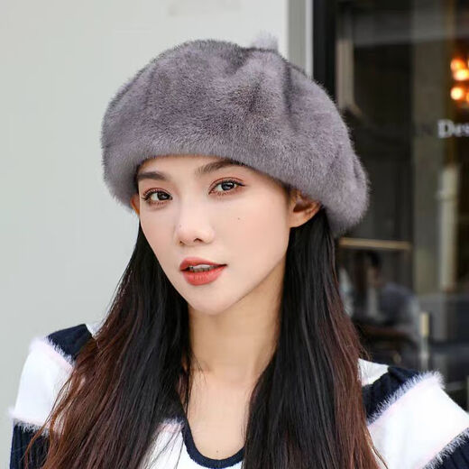 Changyin 2024 Mink Fur Beret Pumpkin Hat Fashionable Thickened Winter Versatile Winter Furry Warm Adult Milk Tea Color One Size