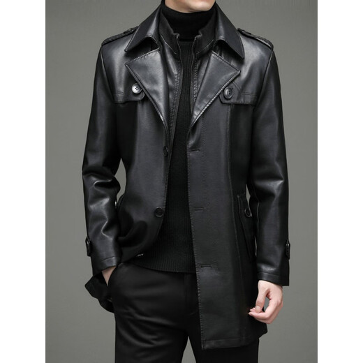 KBXNG劲霸商务男装秋冬新款拼接中长款单排扣PU风衣腰带款休闲皮衣夹克 黑色 M